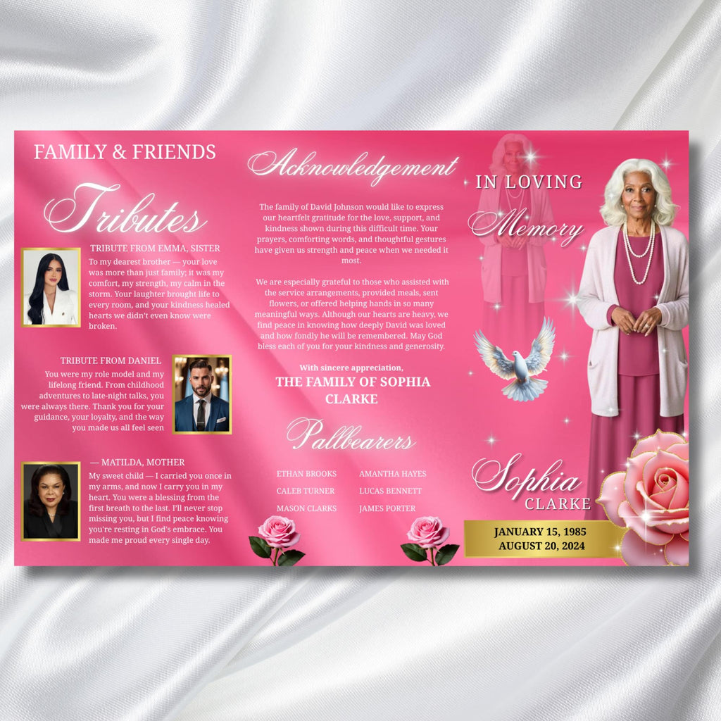Pink Memorial Funeral Program Template, Tri-Fold(17x11) Funeral Program, Obituary Celebration Of Life Program, In Loving Memory Templates - Editable Memorial Canva Template