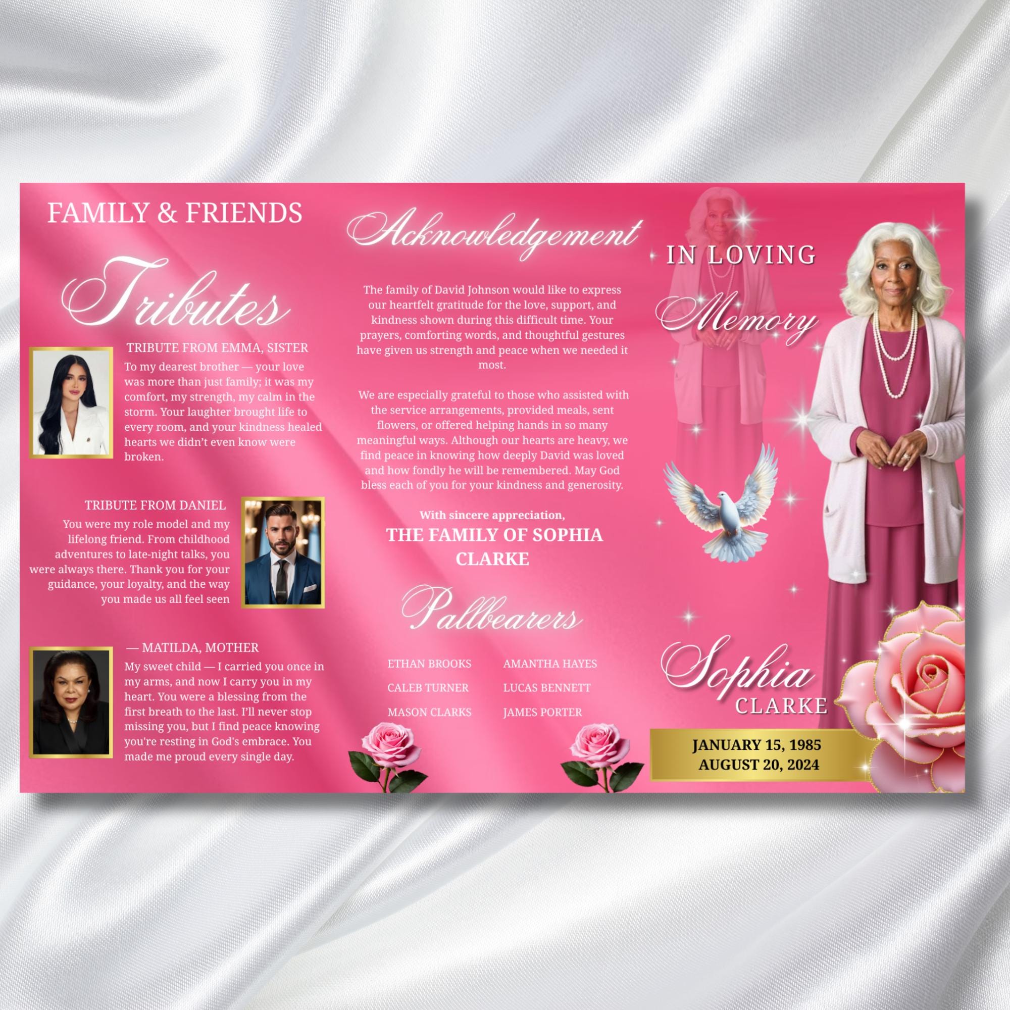 Pink Memorial Funeral Program Template, Tri-Fold(17x11) Funeral Program, Obituary Celebration Of Life Program, In Loving Memory Templates - Editable Memorial Canva Template