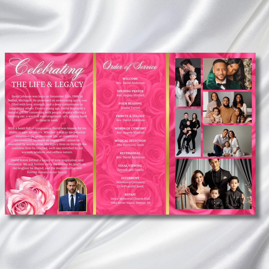 Pink Memorial Funeral Program Template, Tri-Fold(17x11) Funeral Program, Obituary Celebration Of Life Program, In Loving Memory Templates - Editable Memorial Canva Template