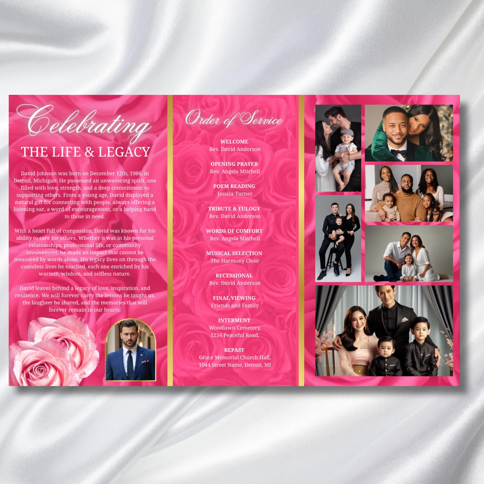 Pink Memorial Funeral Program Template, Tri-Fold(17x11) Funeral Program, Obituary Celebration Of Life Program, In Loving Memory Templates - Editable Memorial Canva Template