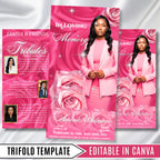 Pink Memorial Funeral Program Template, Tri-Fold(17x11) Funeral Program, Obituary Celebration Of Life Program, In Loving Memory Templates - Editable Memorial Canva Template