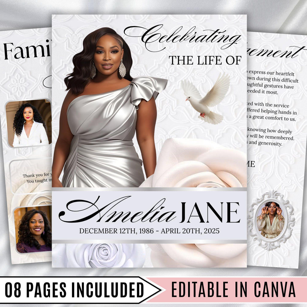 08 Pages White Funeral Program Template, Bi-Fold Funeral Program, Obituary Celebration Of Life Program, Digital Download - Editable Memorial Canva Template