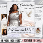 08 Pages White Funeral Program Template, Bi-Fold Funeral Program, Obituary Celebration Of Life Program, Digital Download - Editable Memorial Canva Template