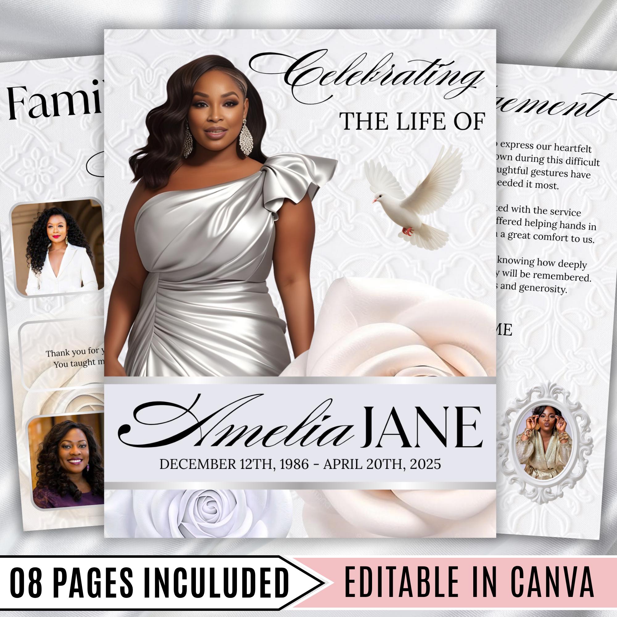 08 Pages White Funeral Program Template, Bi-Fold Funeral Program, Obituary Celebration Of Life Program, Digital Download - Editable Memorial Canva Template