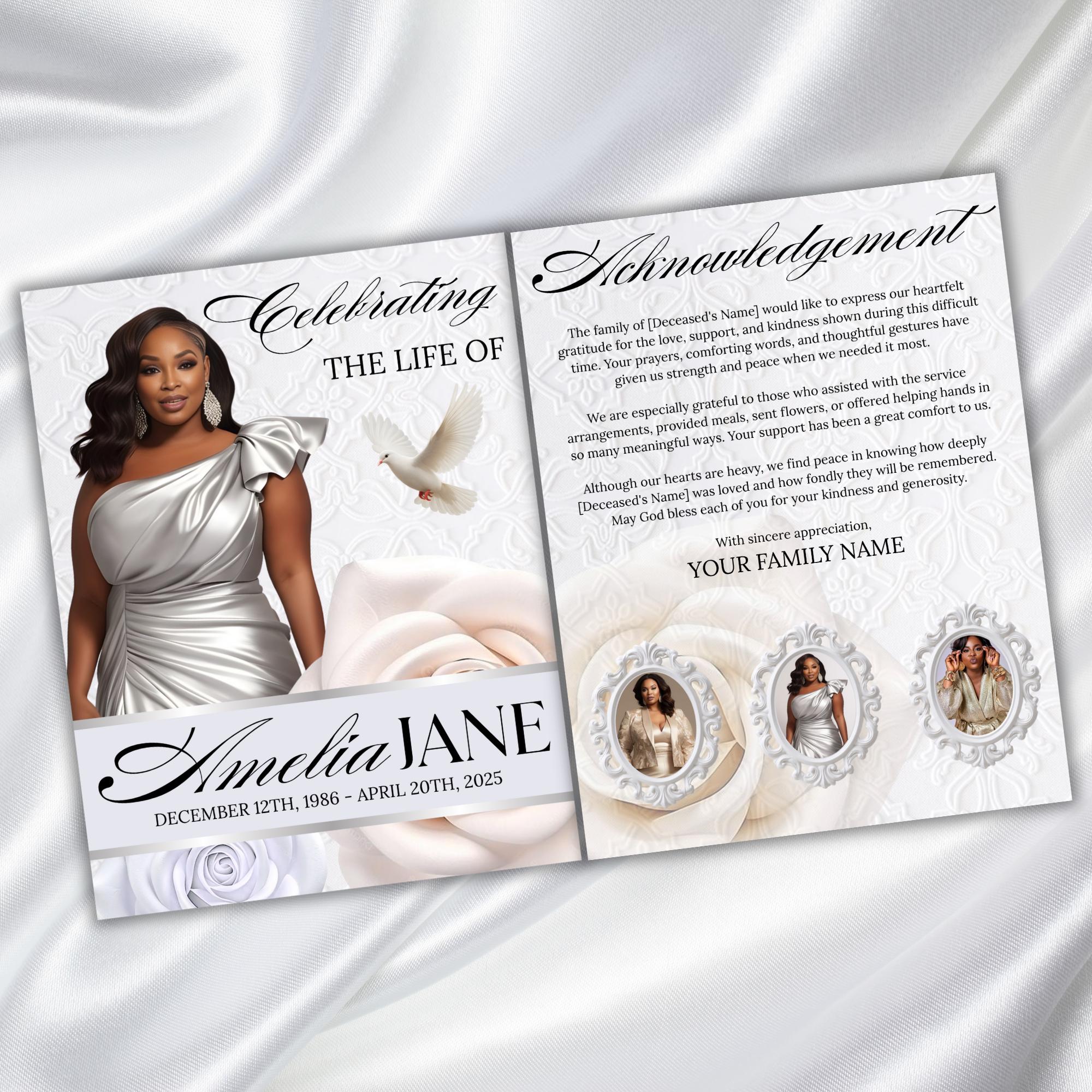 08 Pages White Funeral Program Template, Bi-Fold Funeral Program, Obituary Celebration Of Life Program, Digital Download - Editable Memorial Canva Template