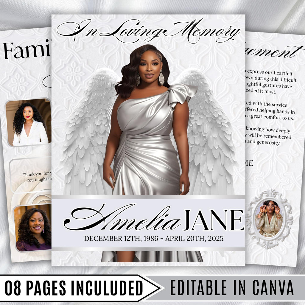08 Pages White Funeral Program Template, Bi-Fold Funeral Program, Obituary Celebration Of Life Program, Digital Download - Editable Memorial Canva Template