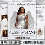 08 Pages White Funeral Program Template, Bi-Fold Funeral Program, Obituary Celebration Of Life Program, Digital Download - Editable Memorial Canva Template