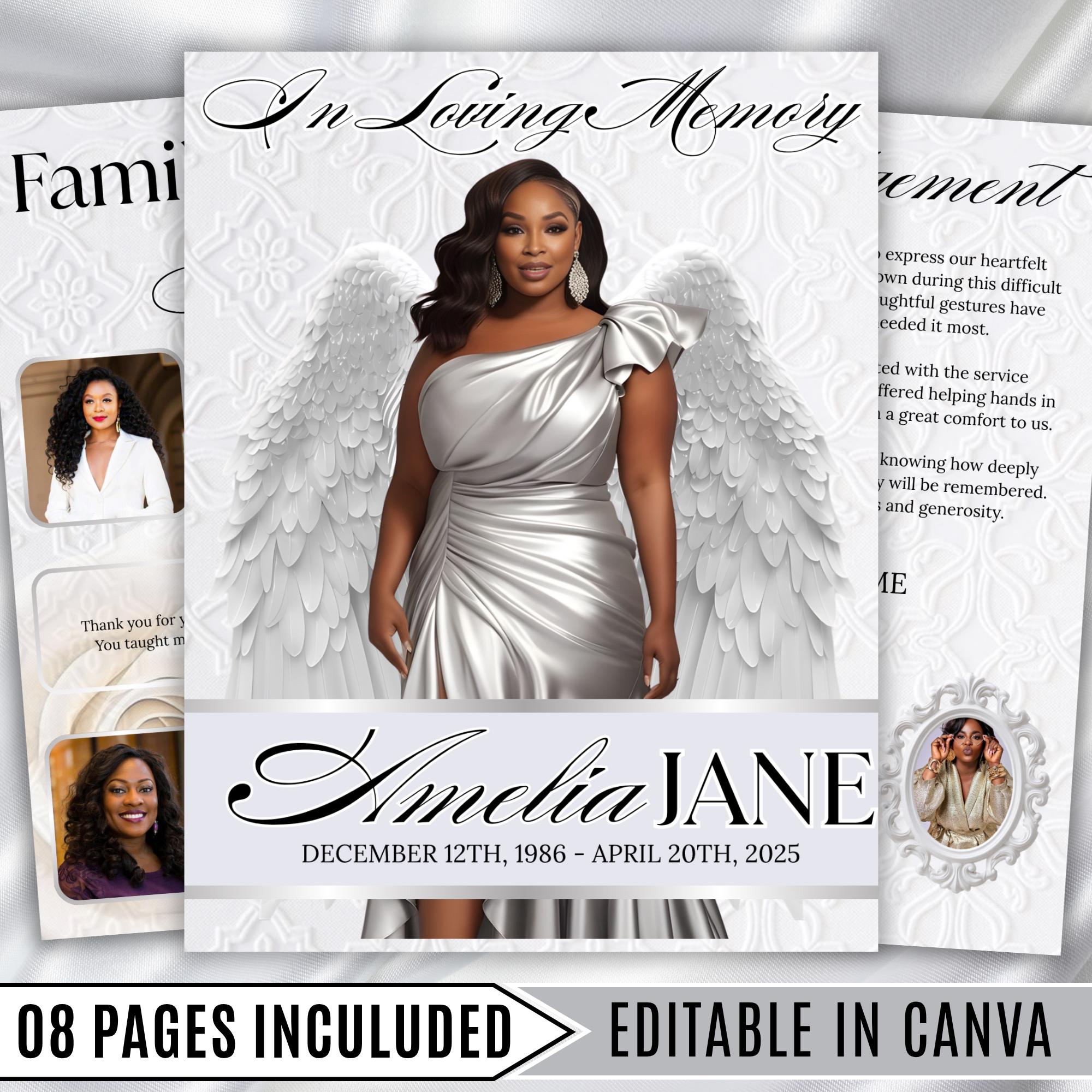 08 Pages White Funeral Program Template, Bi-Fold Funeral Program, Obituary Celebration Of Life Program, Digital Download - Editable Memorial Canva Template