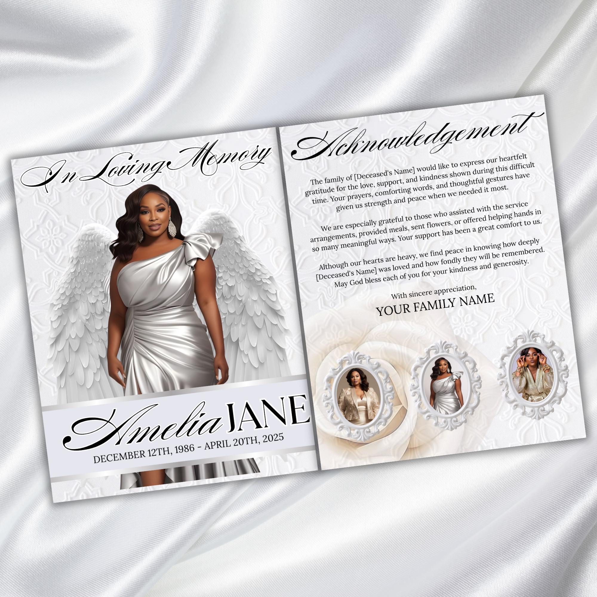 08 Pages White Funeral Program Template, Bi-Fold Funeral Program, Obituary Celebration Of Life Program, Digital Download - Editable Memorial Canva Template