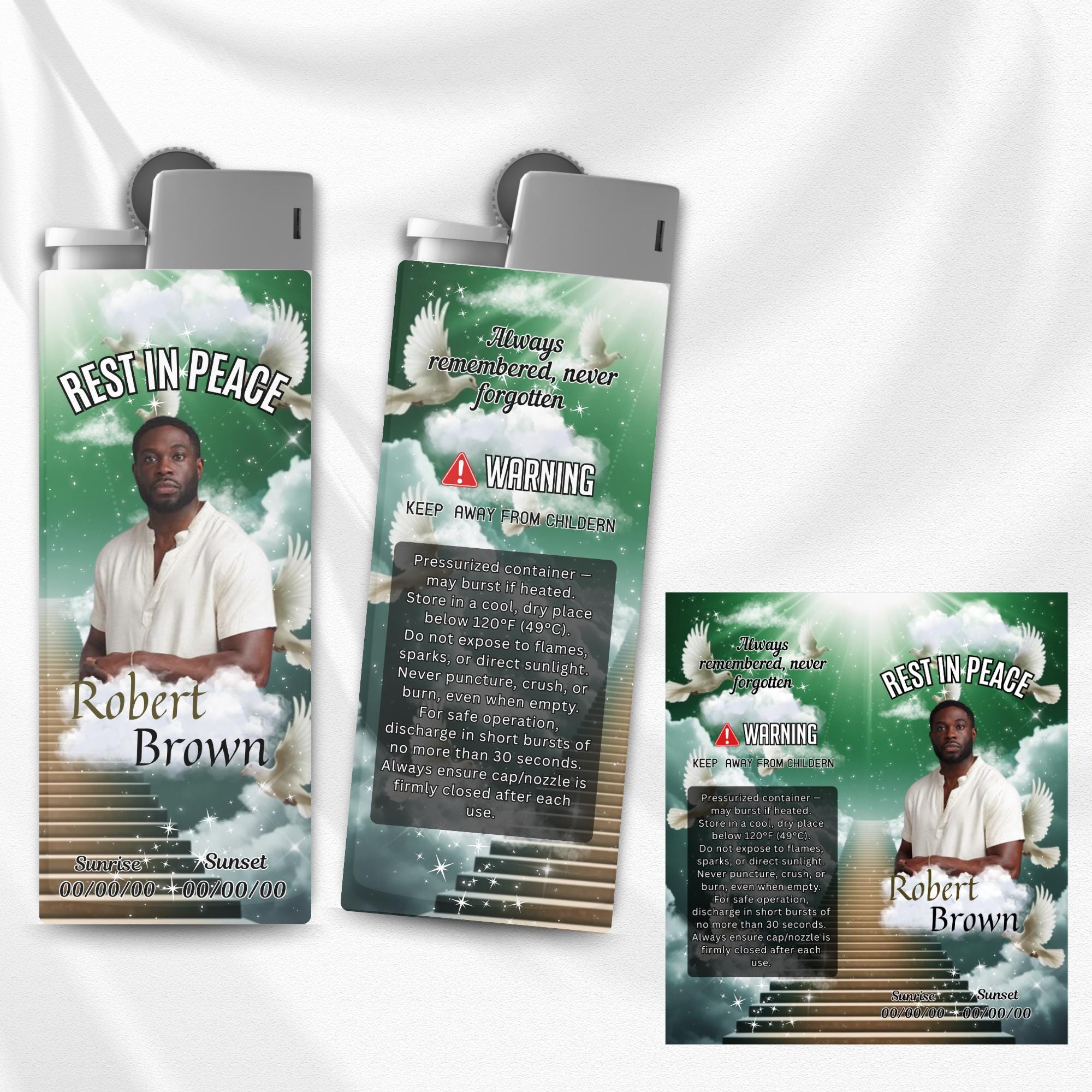 10 Memorial Green Lighter Canva Editable Template, In Loving Memory Template, RIP Lighter Label, Memorial Funeral Keeksake,Digital Download - Editable Memorial Canva Template