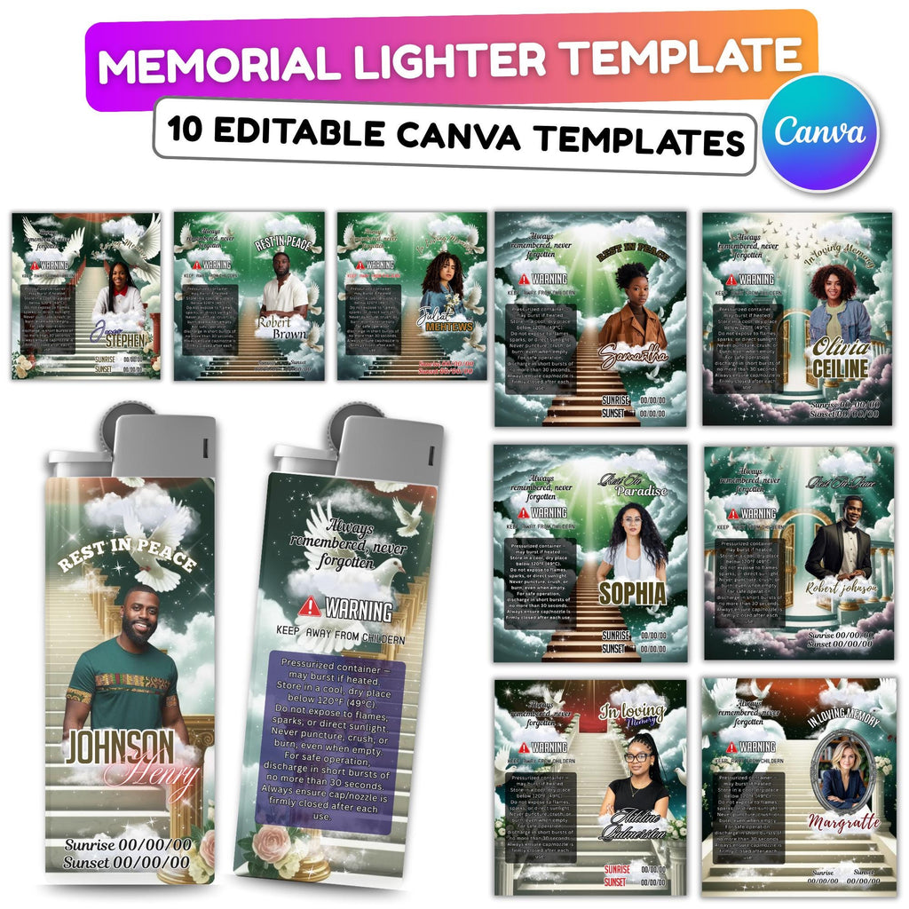 10 Memorial Green Lighter Canva Editable Template, In Loving Memory Template, RIP Lighter Label, Memorial Funeral Keeksake,Digital Download - Editable Memorial Canva Template