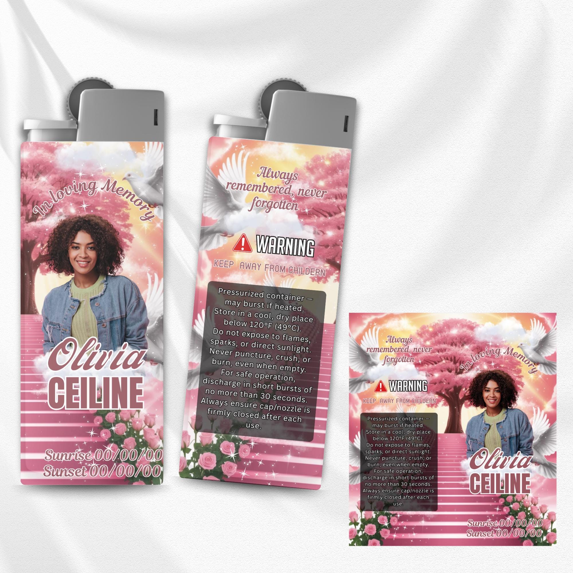 10 Memorial Pink Lighter Canva Editable Template, In Loving Memory Template, RIP Lighter Label, Memorial Funeral Keeksake,Digital Download - Editable Memorial Canva Template