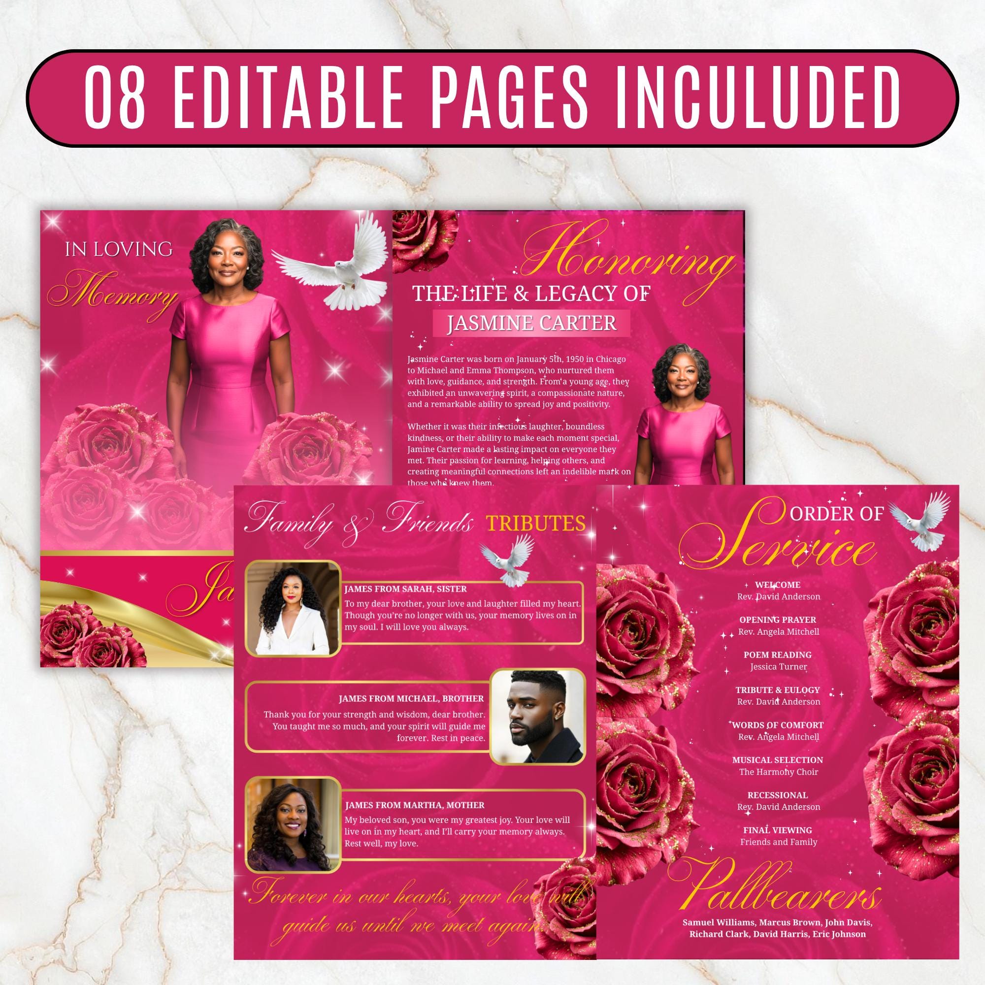 08 Pages Memorial Pink Funeral Program Template, Editable Bifold 8.5x11” Design, Obituary Celebration Of Life Program, Digital Download - Editable Memorial Canva Template