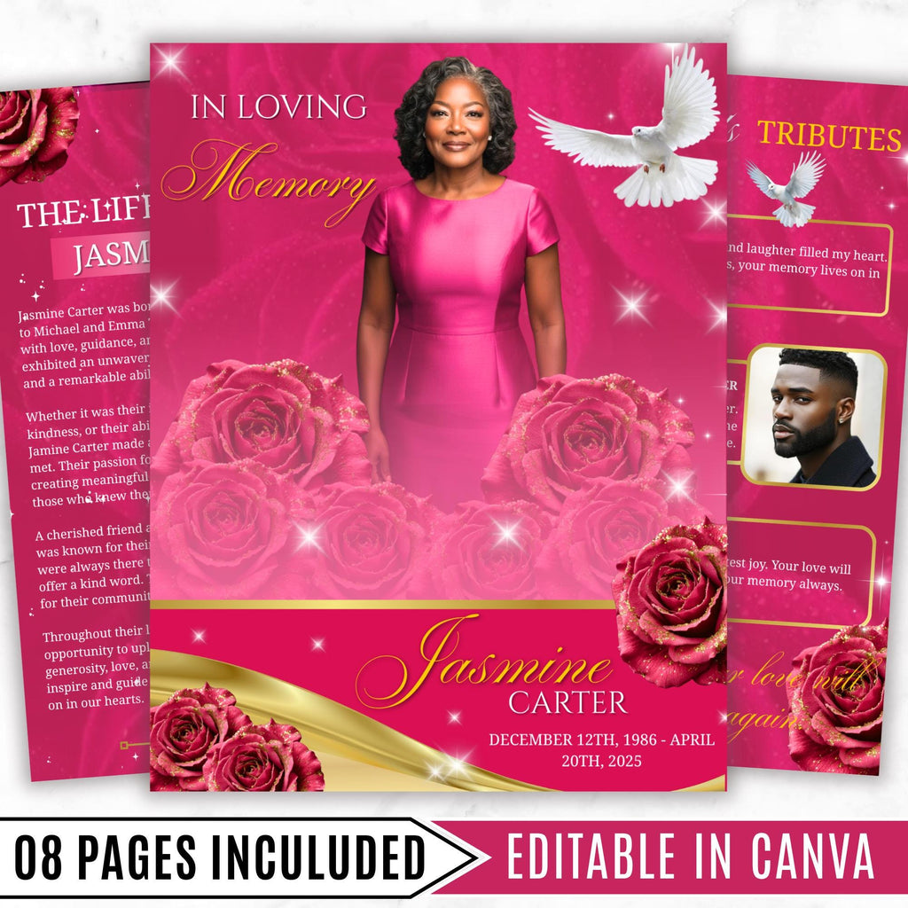 08 Pages Memorial Pink Funeral Program Template, Editable Bifold 8.5x11” Design, Obituary Celebration Of Life Program, Digital Download - Editable Memorial Canva Template