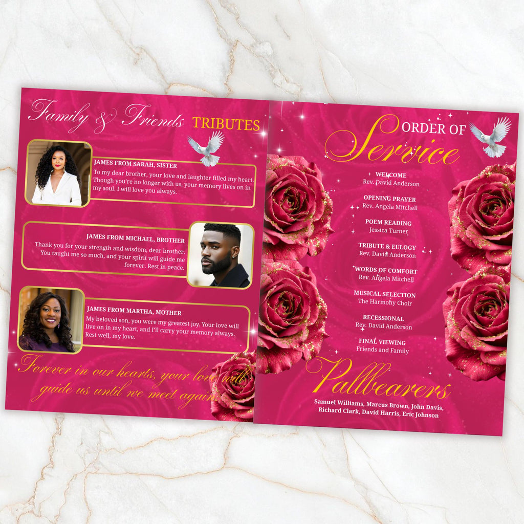 08 Pages Memorial Pink Funeral Program Template, Editable Bifold 8.5x11” Design, Obituary Celebration Of Life Program, Digital Download - Editable Memorial Canva Template