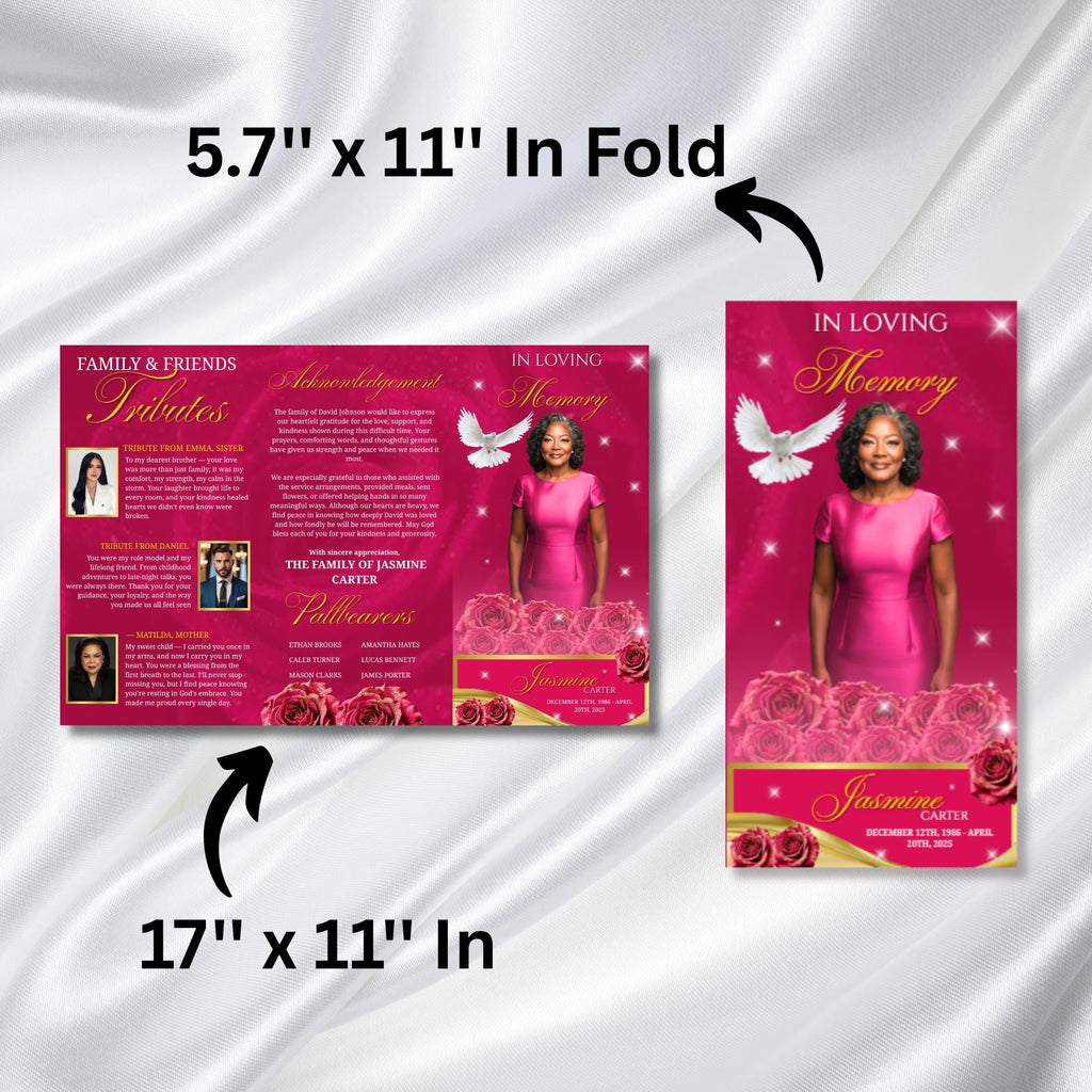 Pink Memorial Funeral Program Template, Tri-Fold(17x11) Funeral Program, Obituary Celebration Of Life Program, In Loving Memory Templates - Editable Memorial Canva Template