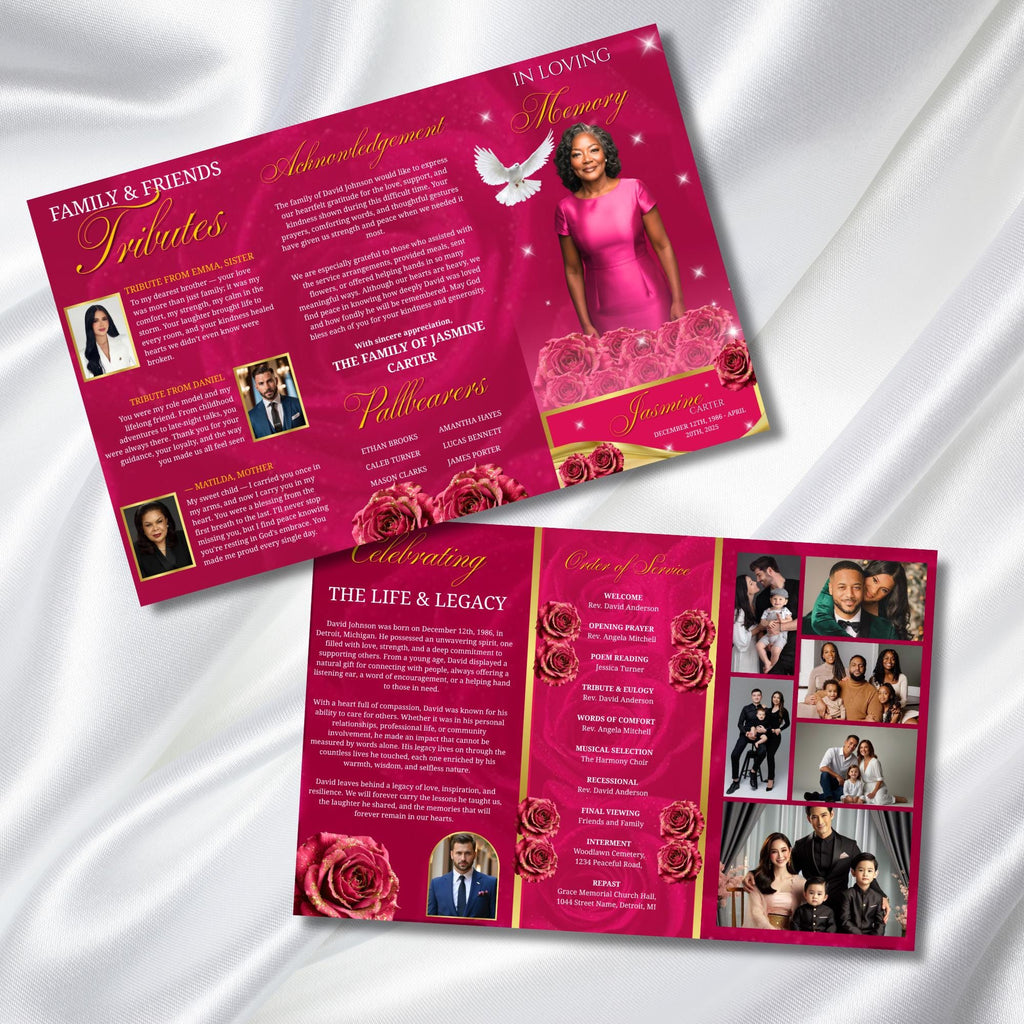 Pink Memorial Funeral Program Template, Tri-Fold(17x11) Funeral Program, Obituary Celebration Of Life Program, In Loving Memory Templates - Editable Memorial Canva Template