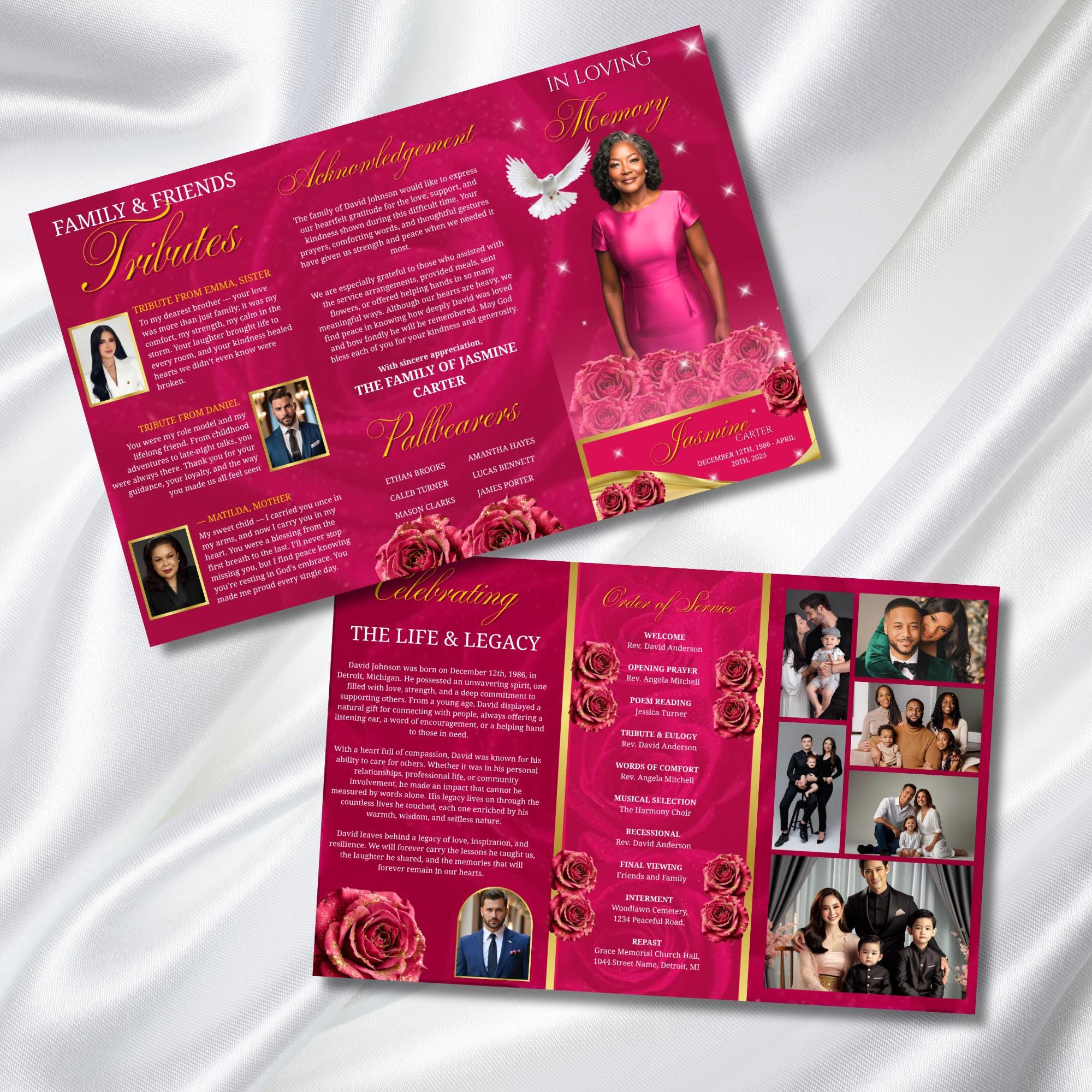 Pink Memorial Funeral Program Template, Tri-Fold(17x11) Funeral Program, Obituary Celebration Of Life Program, In Loving Memory Templates - Editable Memorial Canva Template