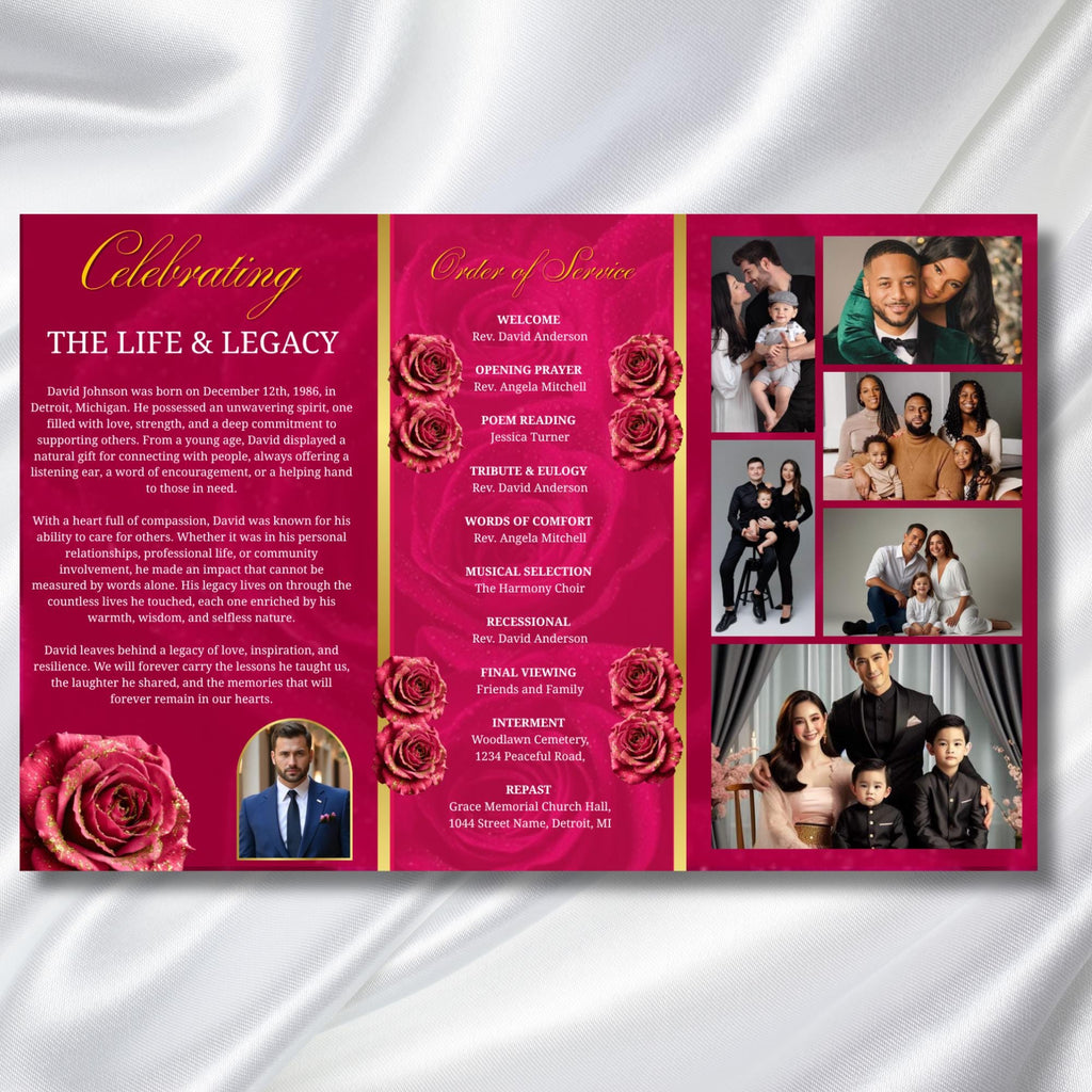Pink Memorial Funeral Program Template, Tri-Fold(17x11) Funeral Program, Obituary Celebration Of Life Program, In Loving Memory Templates - Editable Memorial Canva Template