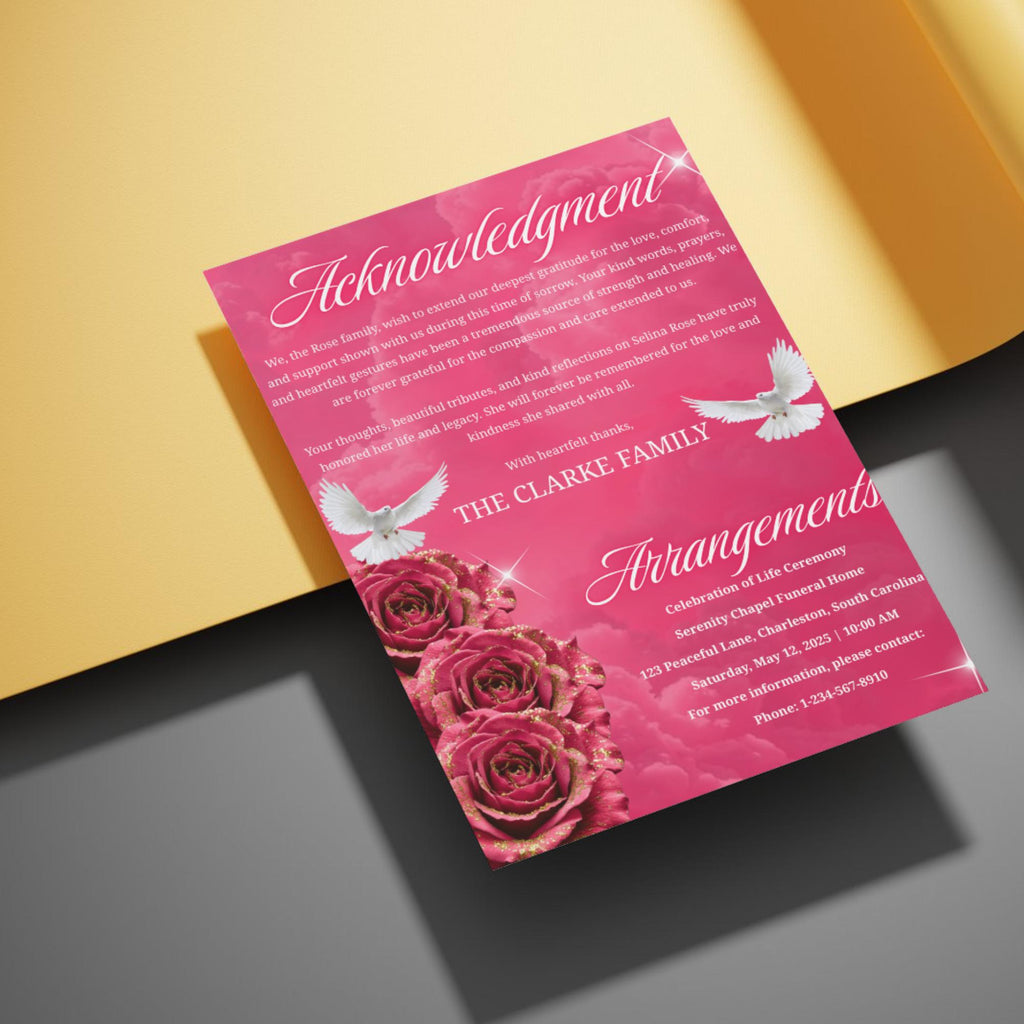 08 Pages Memorial Pink Funeral Program Template, Editable Bifold 8.5x11” Design, Obituary Celebration Of Life Program, Digital Download - Editable Memorial Canva Template