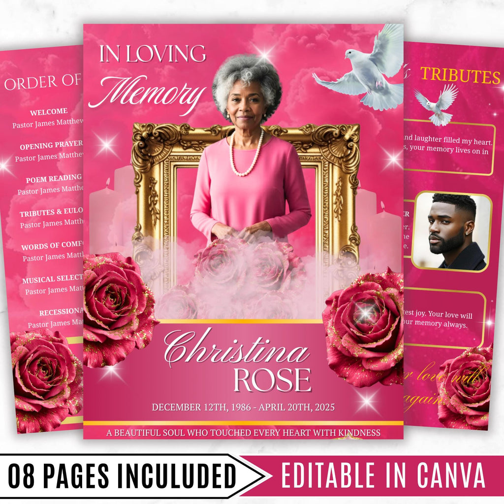08 Pages Memorial Pink Funeral Program Template, Editable Bifold 8.5x11” Design, Obituary Celebration Of Life Program, Digital Download - Editable Memorial Canva Template