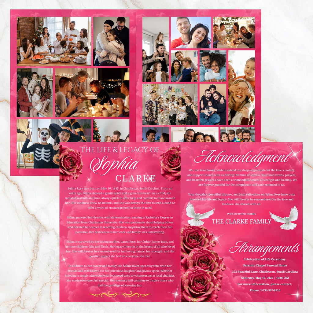 08 Pages Memorial Pink Funeral Program Template, Editable Bifold 8.5x11” Design, Obituary Celebration Of Life Program, Digital Download - Editable Memorial Canva Template