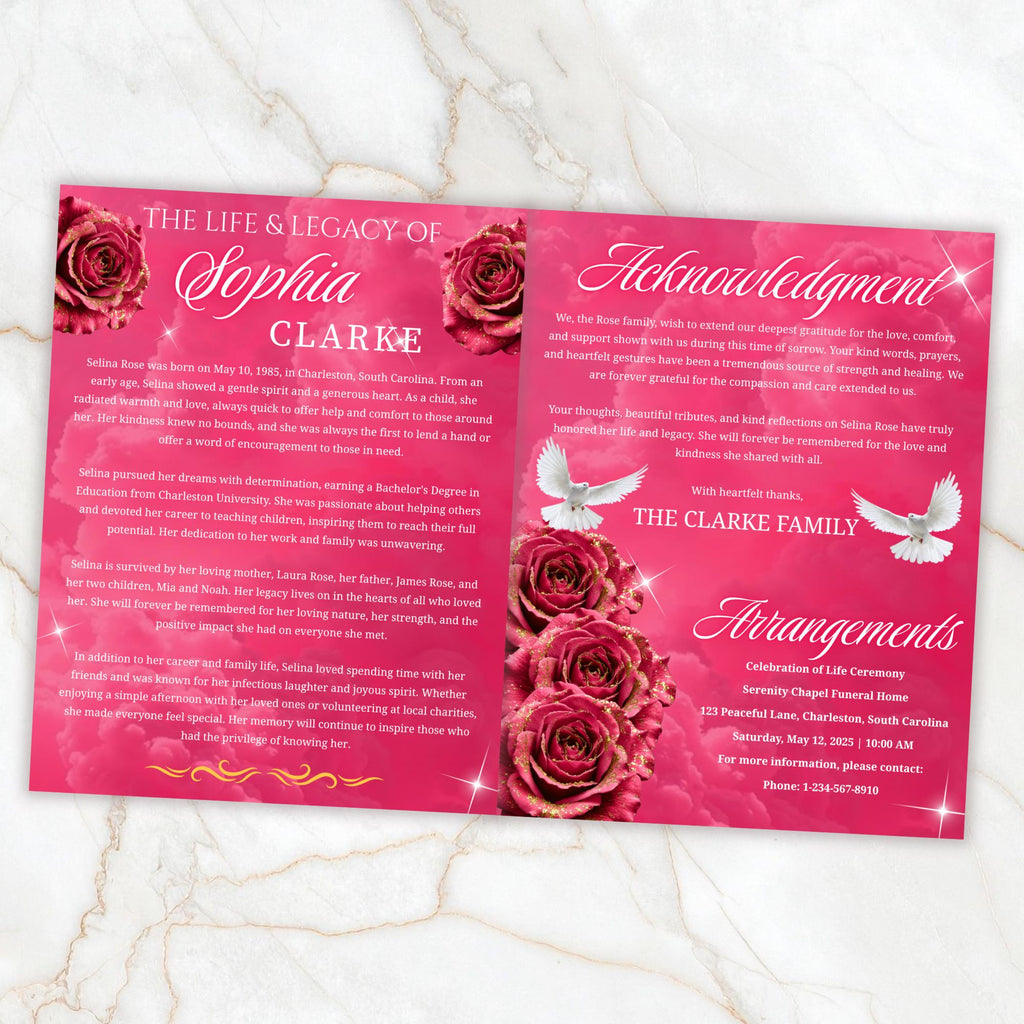 08 Pages Memorial Pink Funeral Program Template, Editable Bifold 8.5x11” Design, Obituary Celebration Of Life Program, Digital Download - Editable Memorial Canva Template