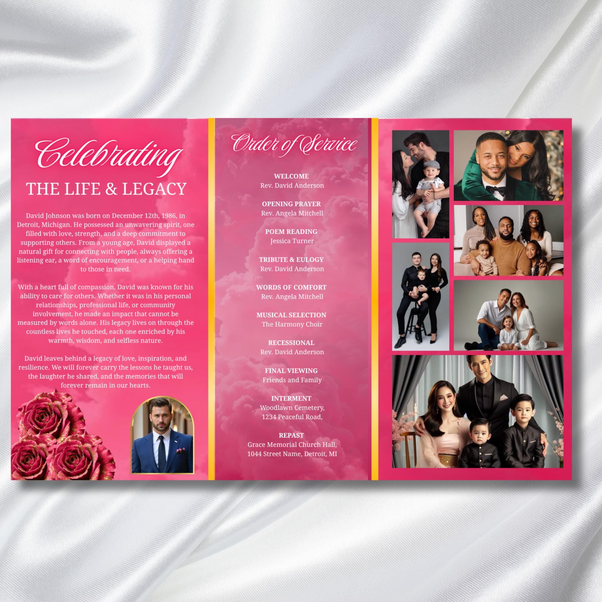 Pink Memorial Funeral Program Template, Tri-Fold(17x11) Funeral Program, Obituary Celebration Of Life Program, In Loving Memory Templates - Editable Memorial Canva Template
