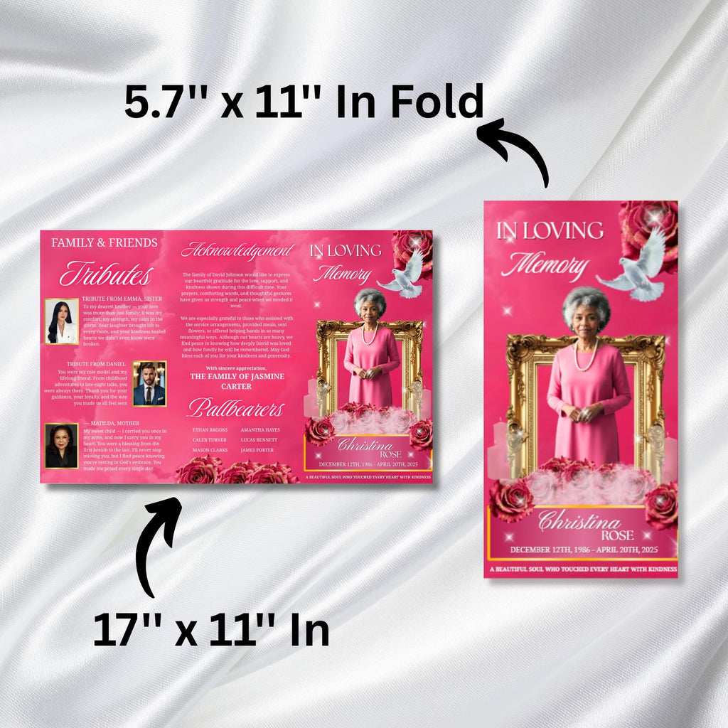 Pink Memorial Funeral Program Template, Tri-Fold(17x11) Funeral Program, Obituary Celebration Of Life Program, In Loving Memory Templates - Editable Memorial Canva Template