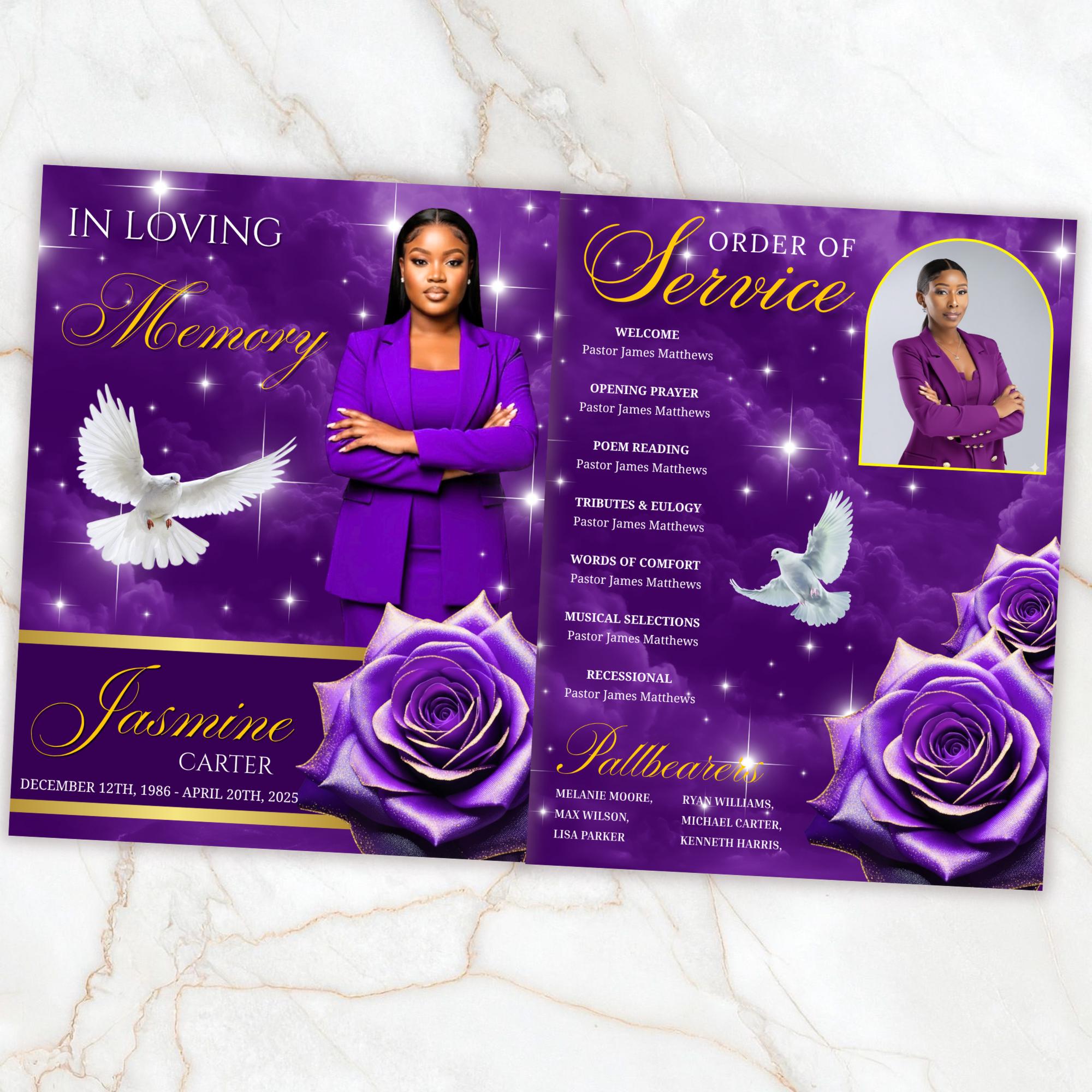 08 Pages Memorial Purple Funeral Program Template, Editable Bifold 8.5x11” Design, Obituary Celebration Of Life Program, Digital Download - Editable Memorial Canva Template