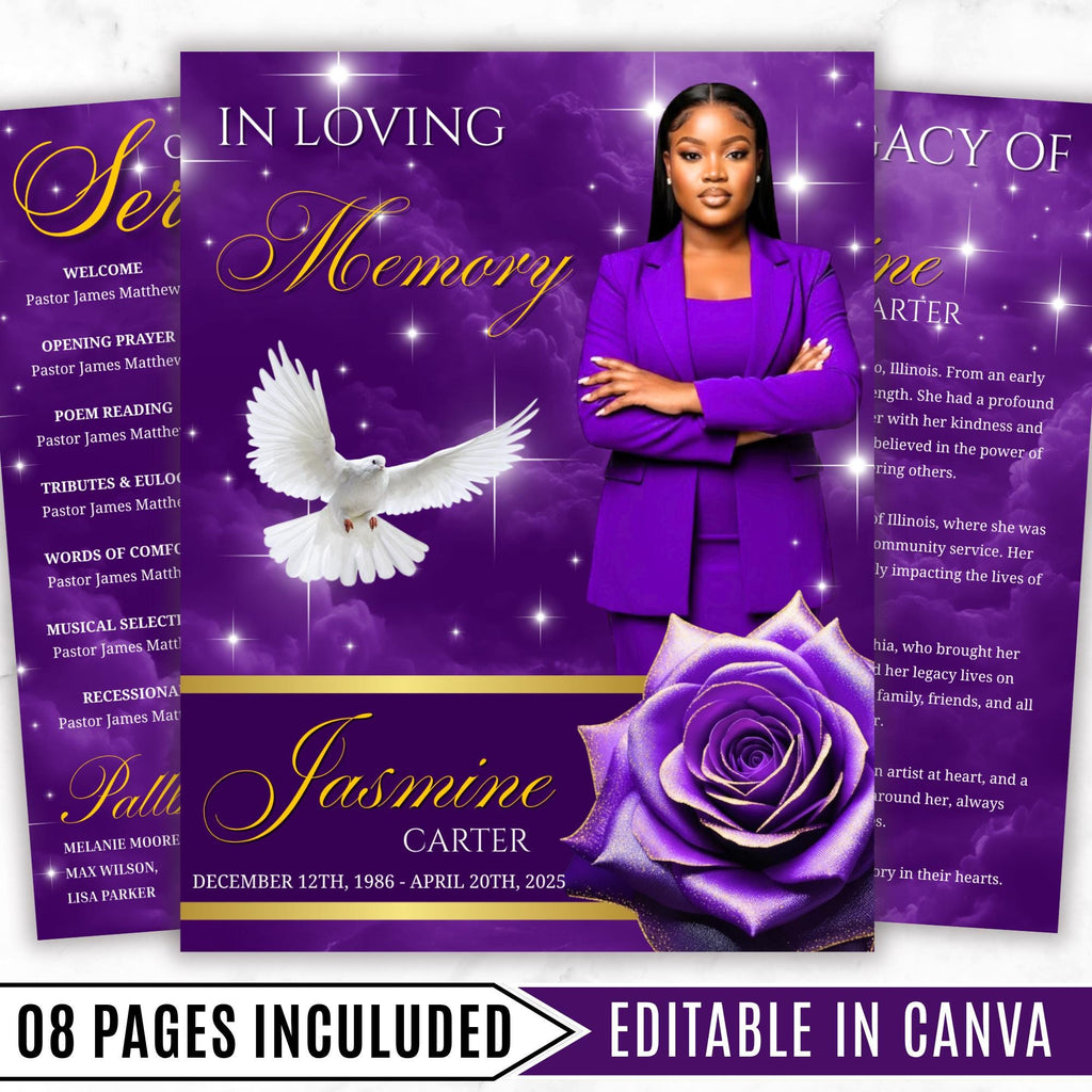 08 Pages Memorial Purple Funeral Program Template, Editable Bifold 8.5x11” Design, Obituary Celebration Of Life Program, Digital Download - Editable Memorial Canva Template