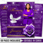 08 Pages Memorial Purple Funeral Program Template, Editable Bifold 8.5x11” Design, Obituary Celebration Of Life Program, Digital Download - Editable Memorial Canva Template