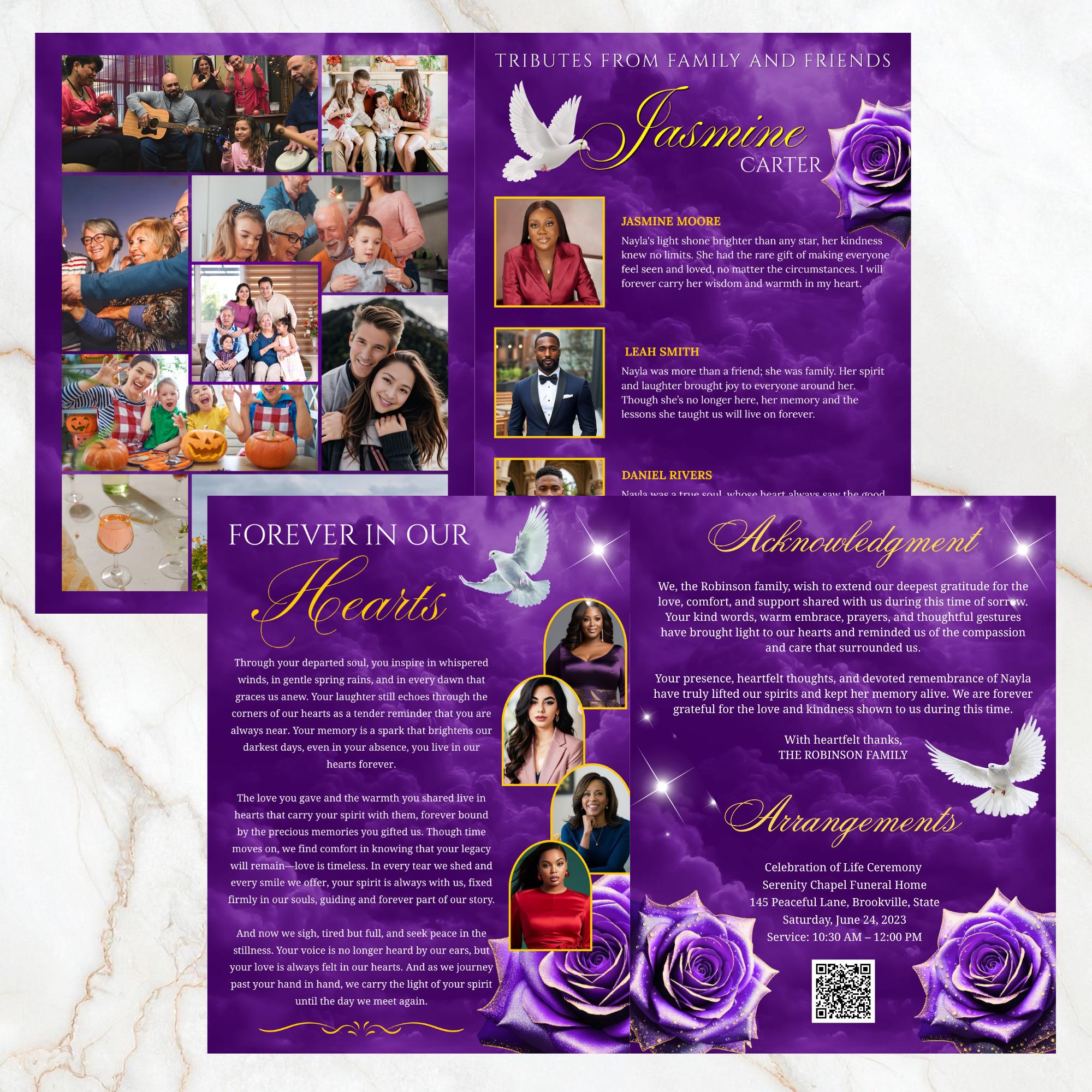 08 Pages Memorial Purple Funeral Program Template, Editable Bifold 8.5x11” Design, Obituary Celebration Of Life Program, Digital Download - Editable Memorial Canva Template