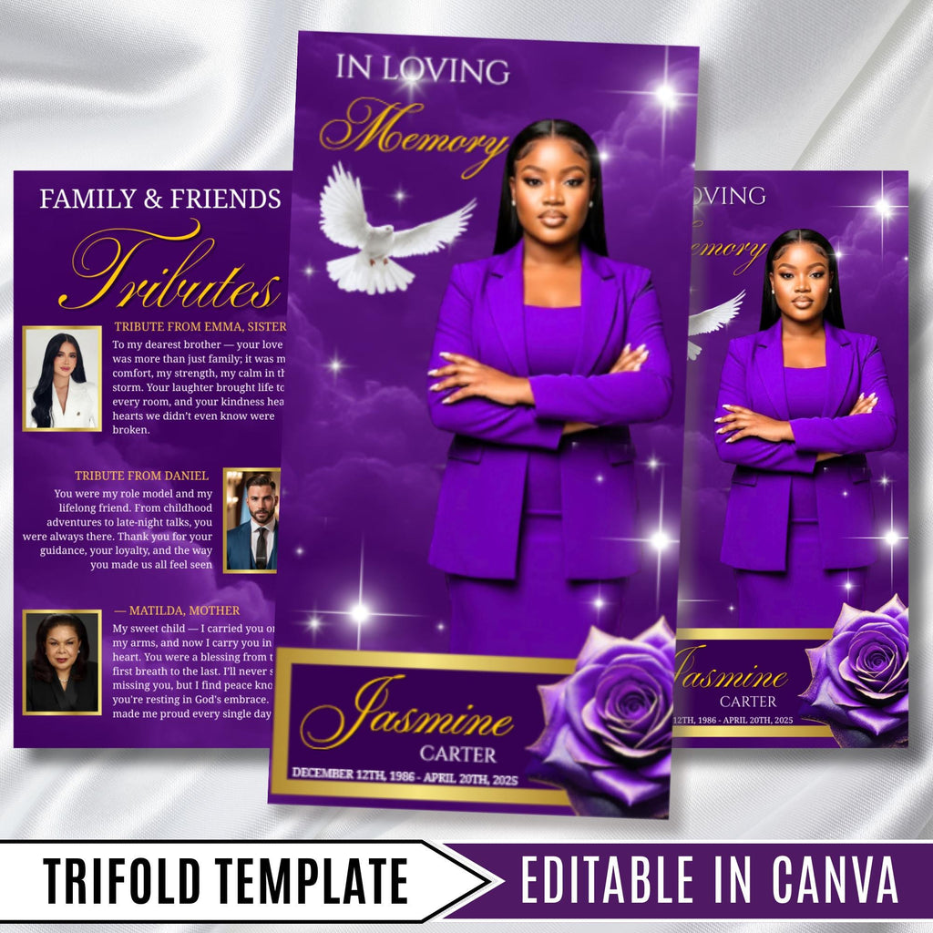 Purple Memorial Funeral Program Template, Tri-Fold(17x11) Funeral Program, Obituary Celebration Of Life Program, In Loving Memory Templates - Editable Memorial Canva Template