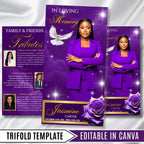 Purple Memorial Funeral Program Template, Tri-Fold(17x11) Funeral Program, Obituary Celebration Of Life Program, In Loving Memory Templates - Editable Memorial Canva Template