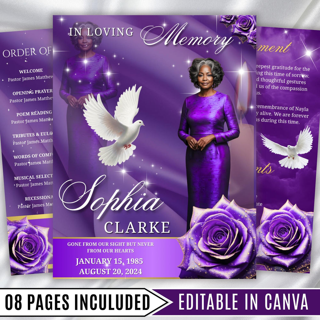 08 Pages Memorial Purple Funeral Program Template, Editable Bifold 8.5x11” Design, Obituary Celebration Of Life Program, Digital Download - Editable Memorial Canva Template