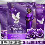 08 Pages Memorial Purple Funeral Program Template, Editable Bifold 8.5x11” Design, Obituary Celebration Of Life Program, Digital Download - Editable Memorial Canva Template