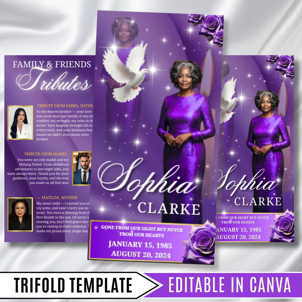 Purple Memorial Funeral Program Template, Tri-Fold(17x11) Funeral Program, Obituary Celebration Of Life Program, In Loving Memory Templates - Editable Memorial Canva Template