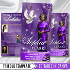 Purple Memorial Funeral Program Template, Tri-Fold(17x11) Funeral Program, Obituary Celebration Of Life Program, In Loving Memory Templates - Editable Memorial Canva Template