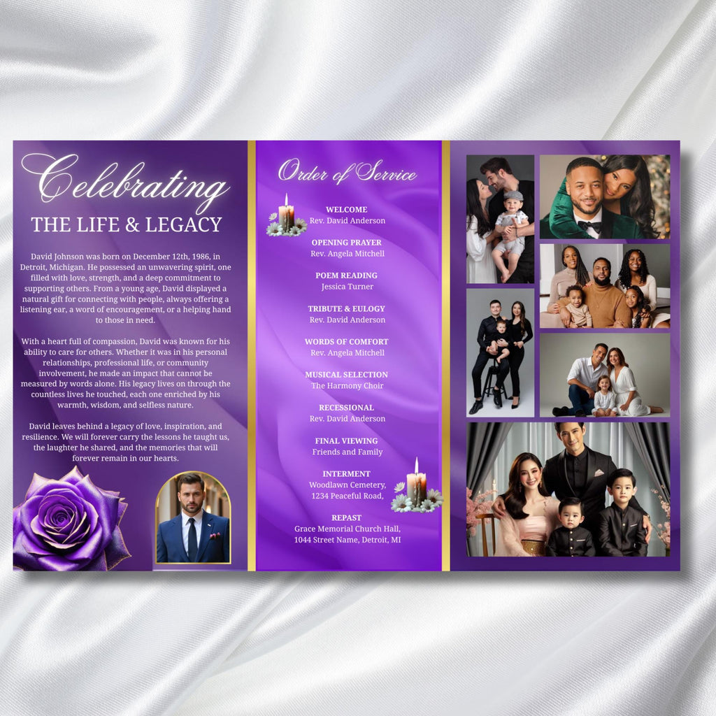 Purple Memorial Funeral Program Template, Tri-Fold(17x11) Funeral Program, Obituary Celebration Of Life Program, In Loving Memory Templates - Editable Memorial Canva Template