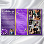 Purple Memorial Funeral Program Template, Tri-Fold(17x11) Funeral Program, Obituary Celebration Of Life Program, In Loving Memory Templates - Editable Memorial Canva Template
