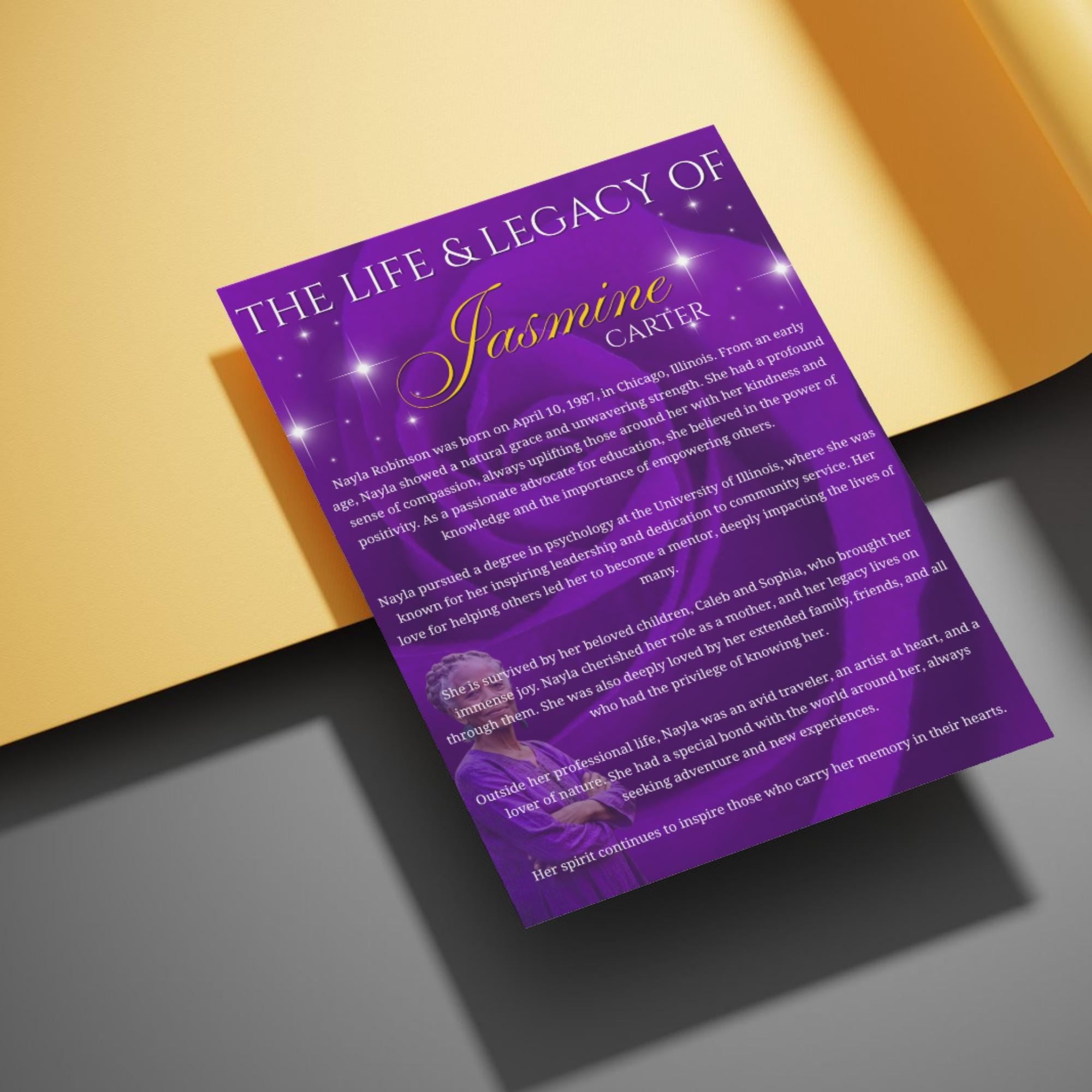 8 Pages Purple Rose Glitter Funeral Program Template, Editable Bifold 8.5x11” Design, Obituary Celebration Of Life Program, Digital Download - Editable Memorial Canva Template