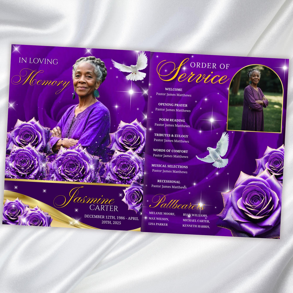 8 Pages Purple Rose Glitter Funeral Program Template, Editable Bifold 8.5x11” Design, Obituary Celebration Of Life Program, Digital Download - Editable Memorial Canva Template