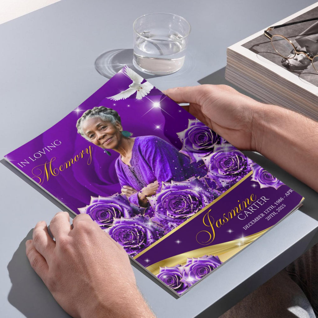 8 Pages Purple Rose Glitter Funeral Program Template, Editable Bifold 8.5x11” Design, Obituary Celebration Of Life Program, Digital Download - Editable Memorial Canva Template