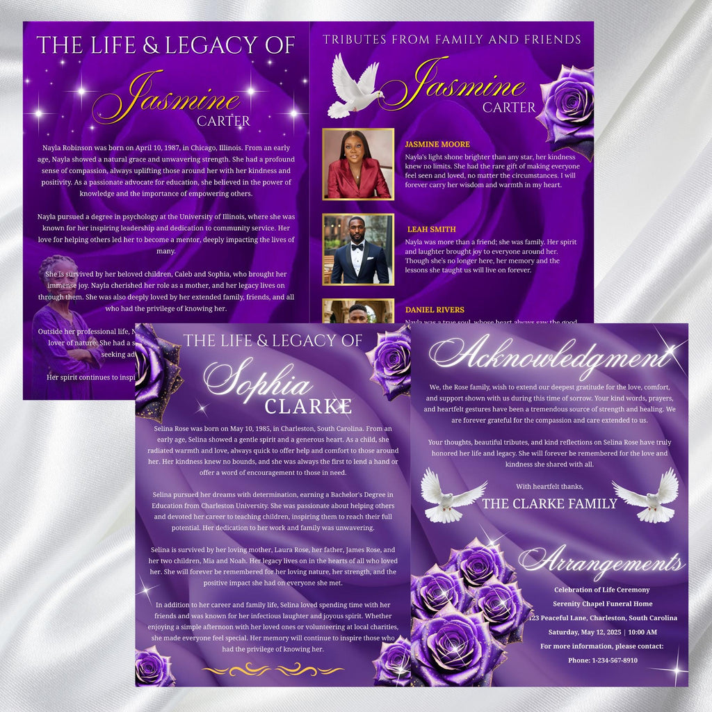 8 Pages Purple Rose Glitter Funeral Program Template, Editable Bifold 8.5x11” Design, Obituary Celebration Of Life Program, Digital Download - Editable Memorial Canva Template