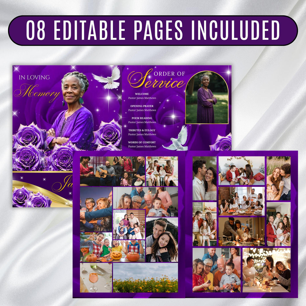 8 Pages Purple Rose Glitter Funeral Program Template, Editable Bifold 8.5x11” Design, Obituary Celebration Of Life Program, Digital Download - Editable Memorial Canva Template