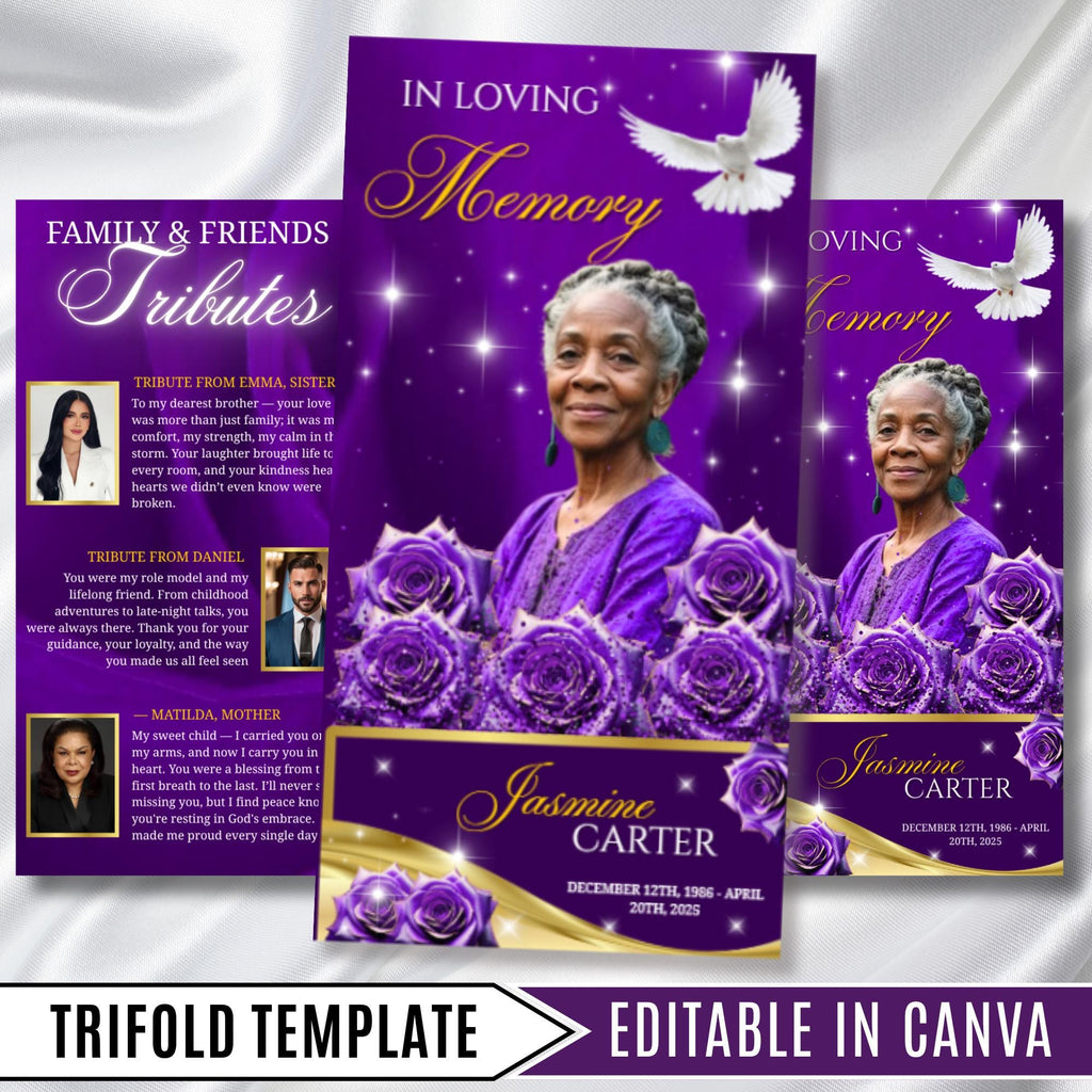 Purple Rose Glitter Funeral Program Template, Tri-Fold(17x11) Funeral Program, Obituary Celebration Of Life, In Loving Memory Templates - Editable Memorial Canva Template
