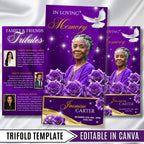 Purple Rose Glitter Funeral Program Template, Tri-Fold(17x11) Funeral Program, Obituary Celebration Of Life, In Loving Memory Templates - Editable Memorial Canva Template