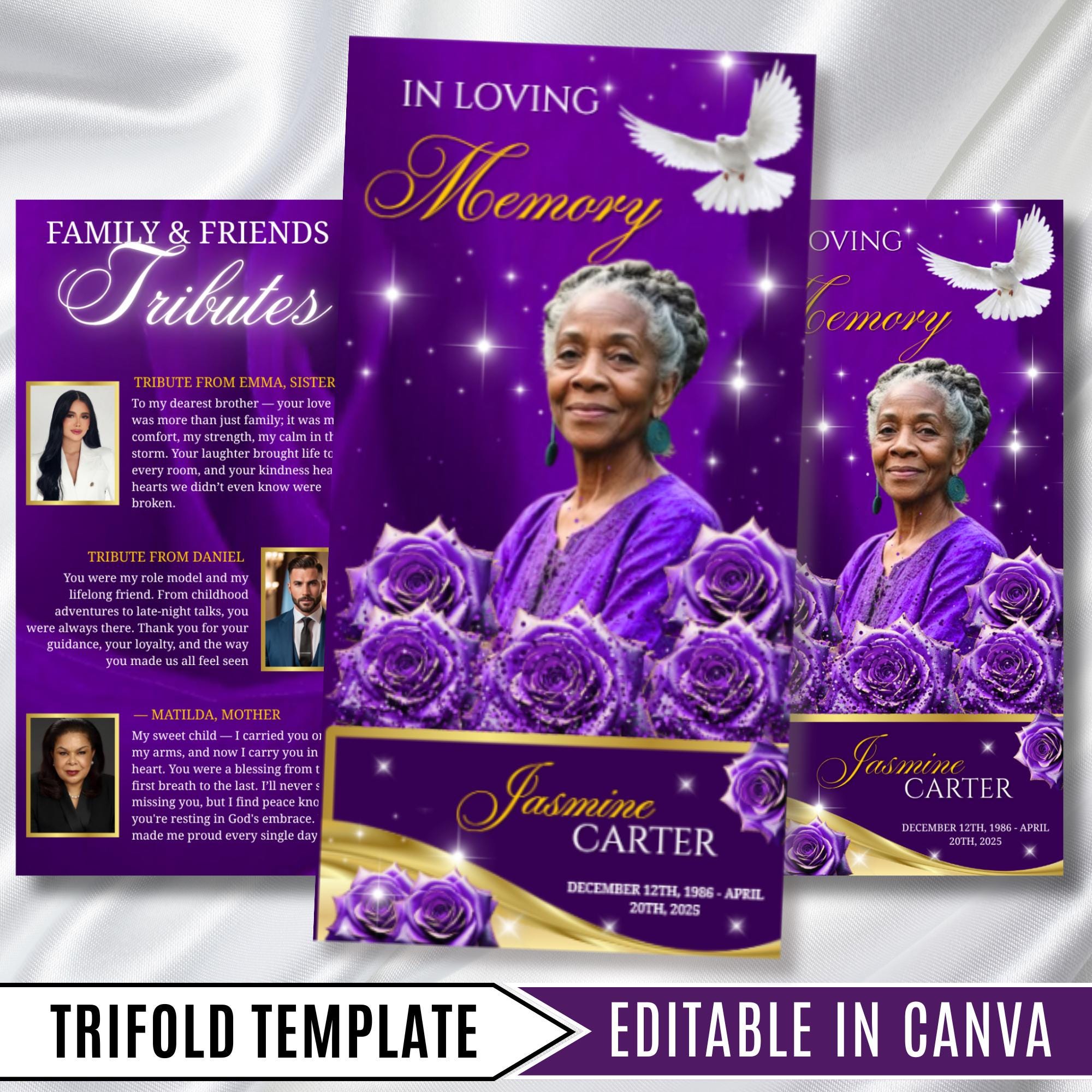 Purple Rose Glitter Funeral Program Template, Tri-Fold(17x11) Funeral Program, Obituary Celebration Of Life, In Loving Memory Templates - Editable Memorial Canva Template