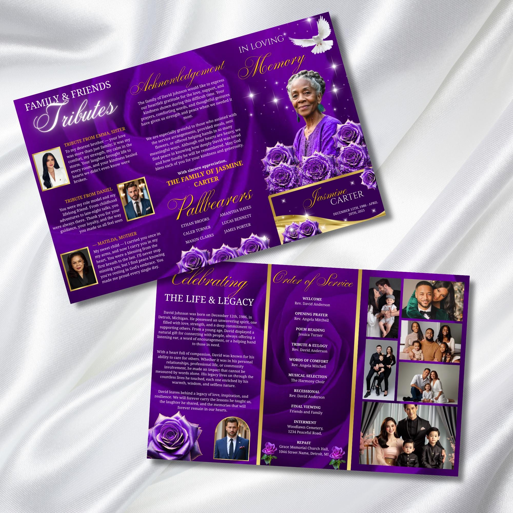 Purple Rose Glitter Funeral Program Template, Tri-Fold(17x11) Funeral Program, Obituary Celebration Of Life, In Loving Memory Templates - Editable Memorial Canva Template